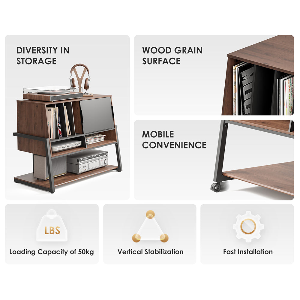 FITUEYES Walnut Media Storage Cabinet – Vintage Charm with Adjustable Shelves for Hi-Fi & Vinyl Setup