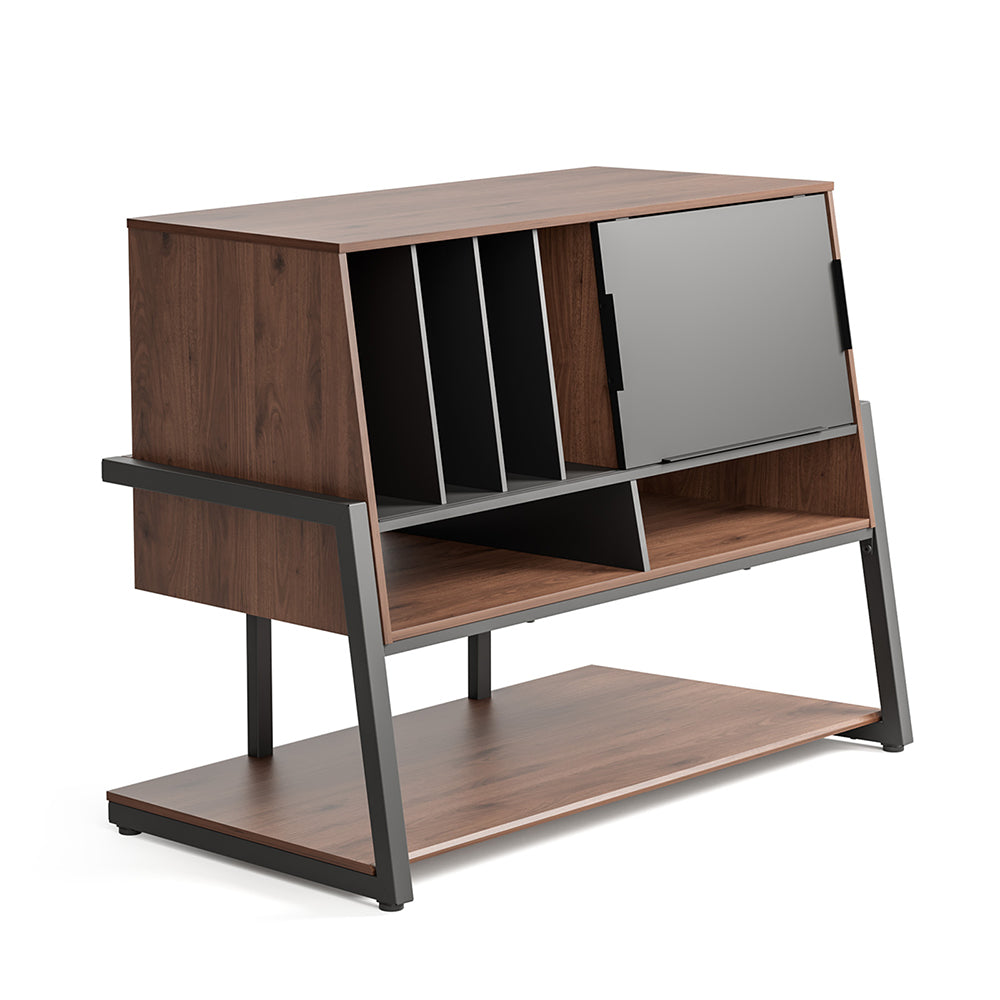 FITUEYES Walnut Media Storage Cabinet – Vintage Charm with Adjustable Shelves for Hi-Fi & Vinyl Setup