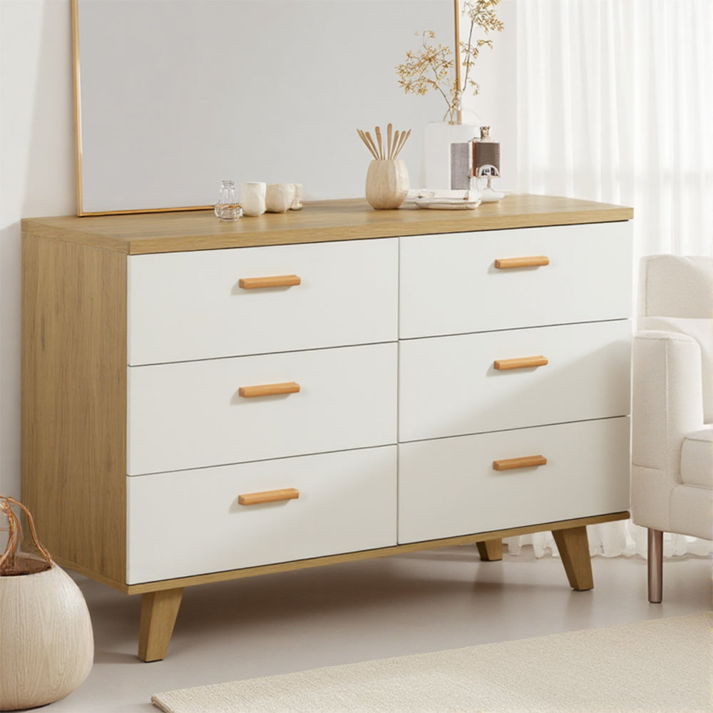 Eeeza 6-Drawer Wooden Storage Dresser with Solid Wood Frame and Soft-Close Slides