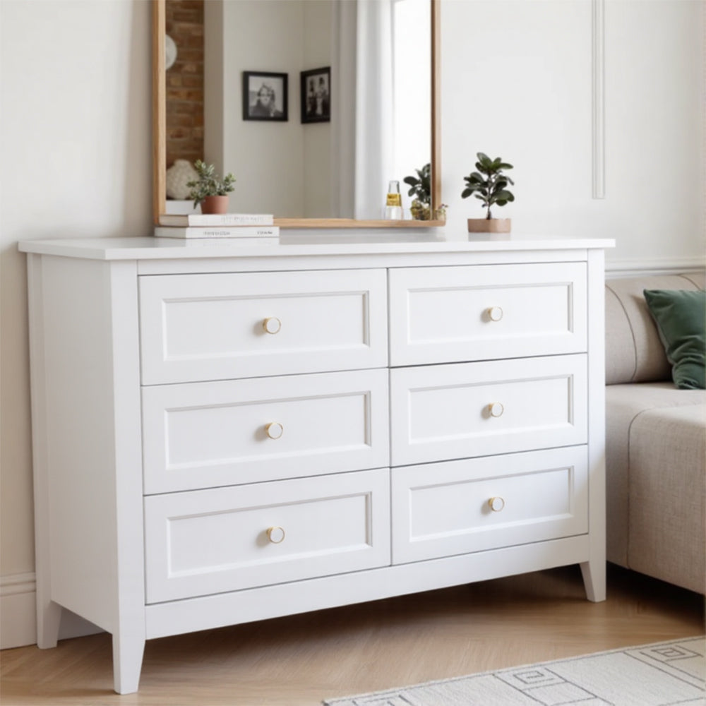 Eeeza 6 Drawer White Dresser – Large Storage Cabinet with Solid Wood Frame for Bedroom & Living Room