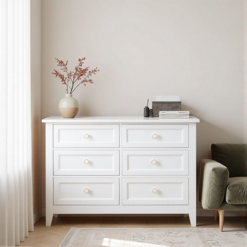 Eeeza 6 Drawer White Dresser – Large Storage Cabinet with Solid Wood Frame for Bedroom & Living Room