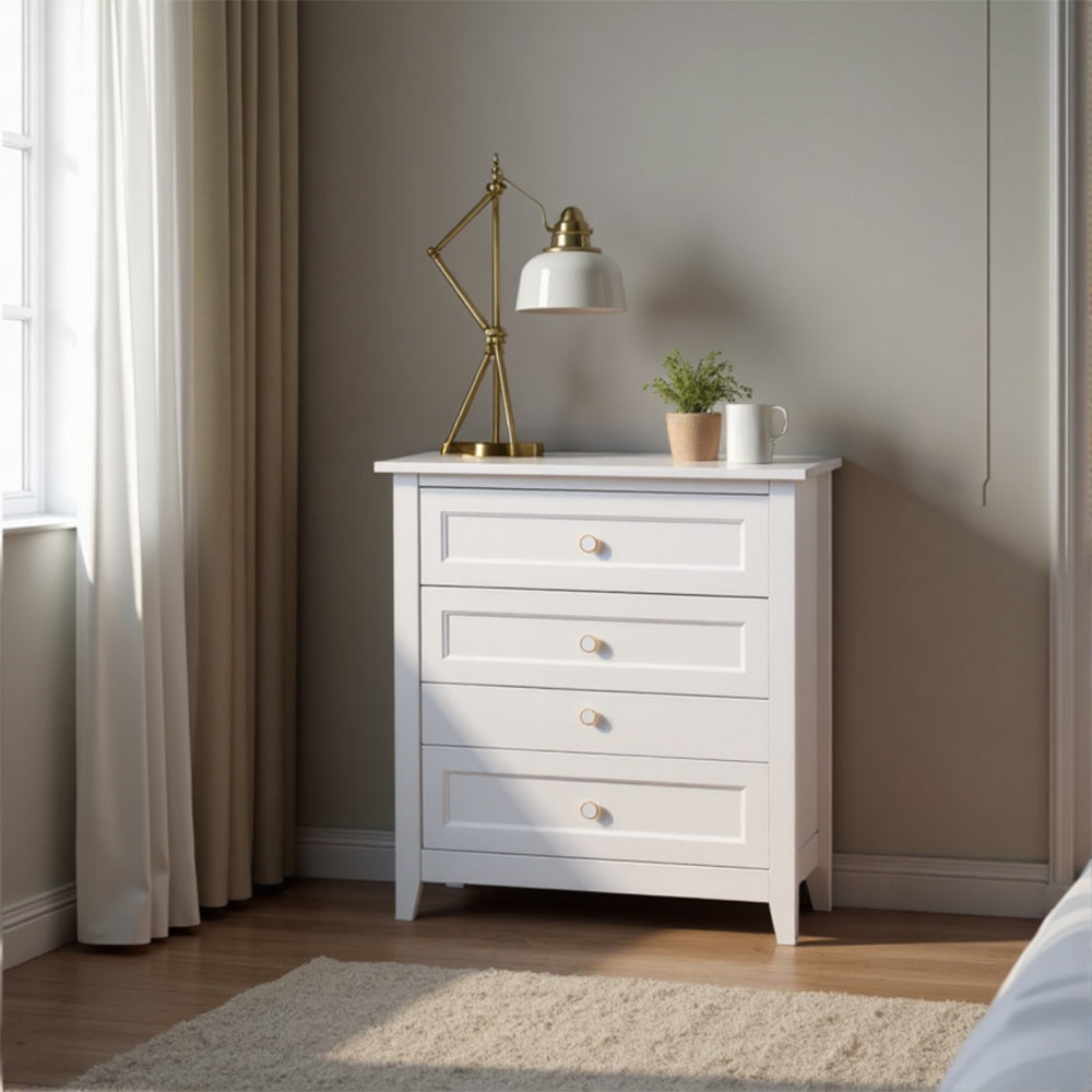 Eeeza Classic White 4-Drawer Tall Dresser – Vertical Storage for Compact Living