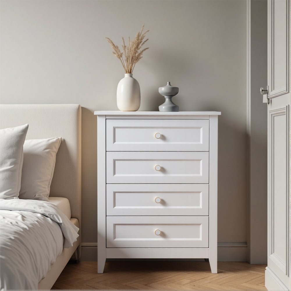 Eeeza Classic White 4-Drawer Tall Dresser – Vertical Storage for Compact Living