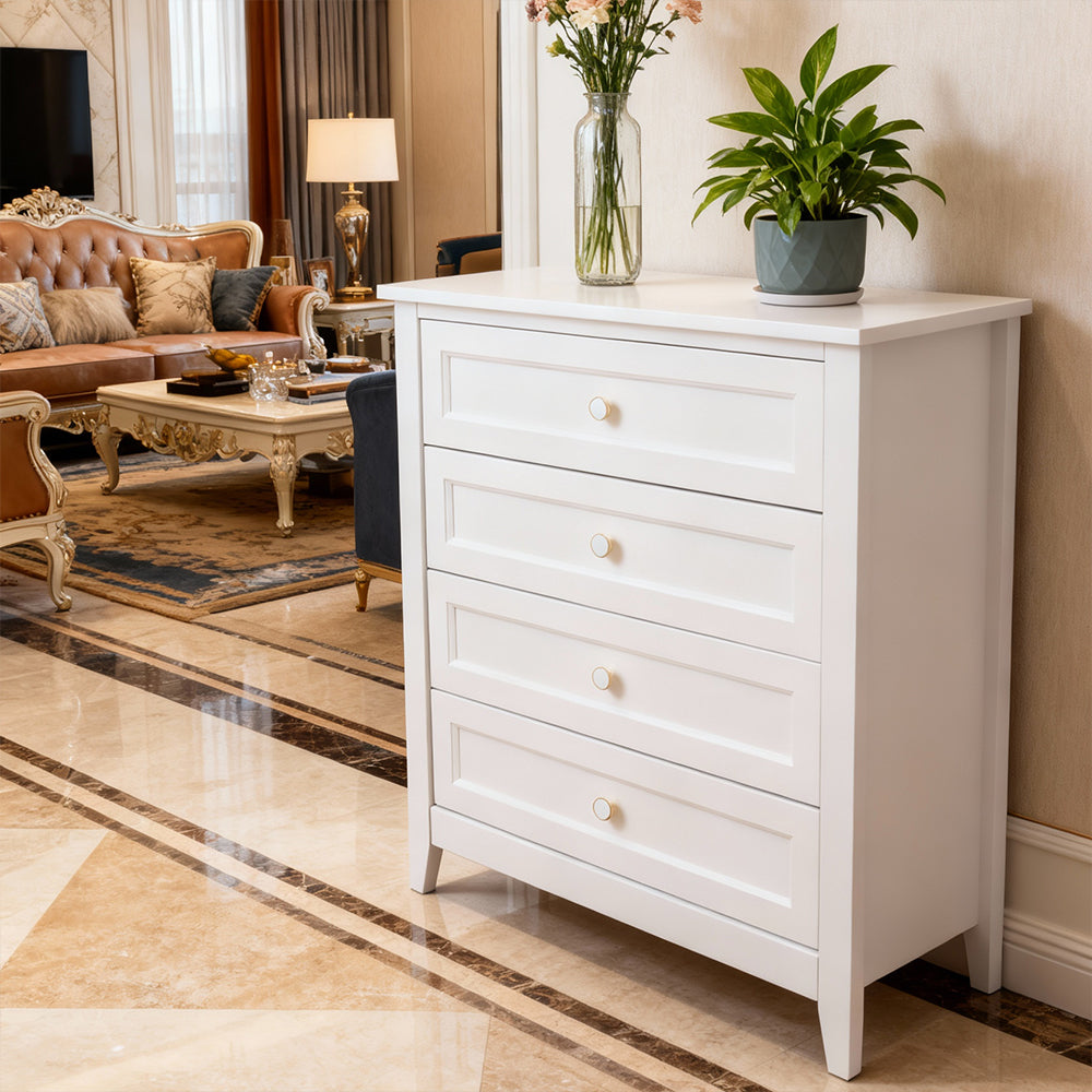 Eeeza Classic White 4-Drawer Tall Dresser – Vertical Storage for Compact Living