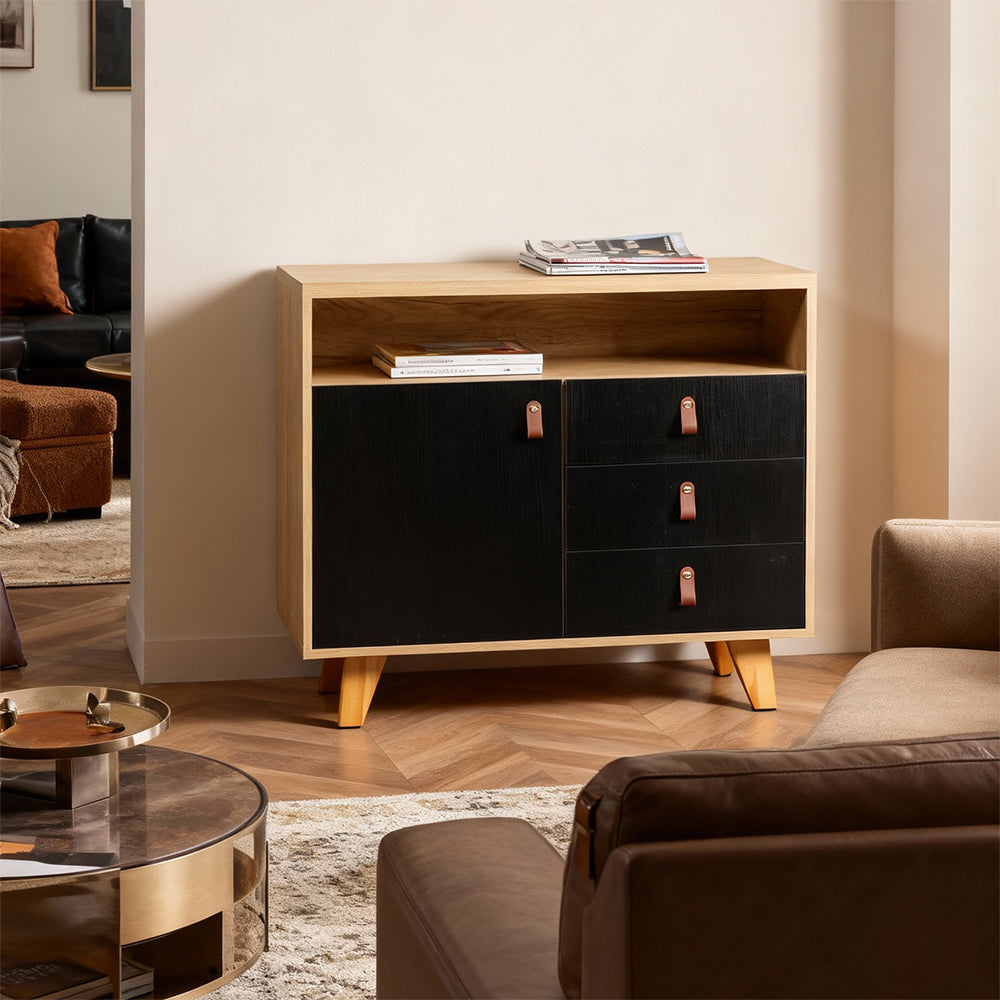 Eeeza Multi-Purpose Side Cabinet with 3 Drawers and 1 Door – Nordic Style Storage Unit with PU Handles