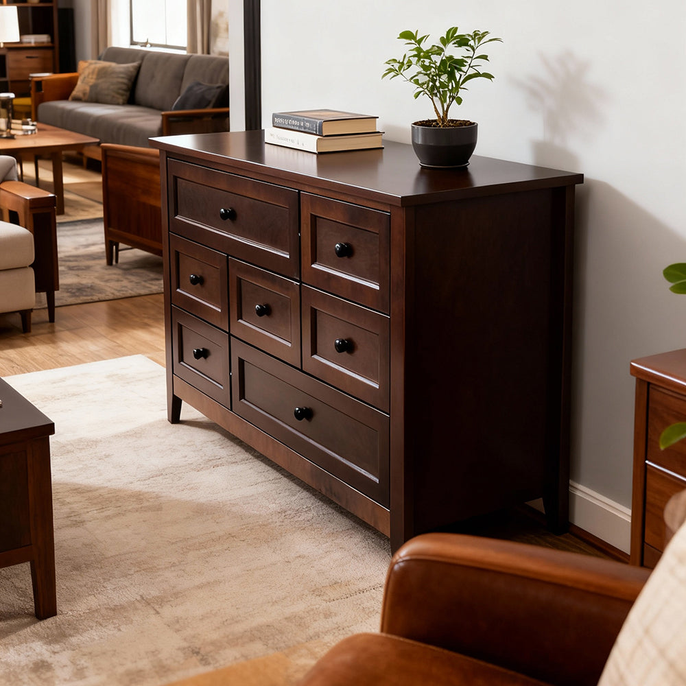 Eeeza Solid Wood 7-Drawer Chest in Walnut Brown – Full-Frame Birch Construction, Classic Style, Large Storage