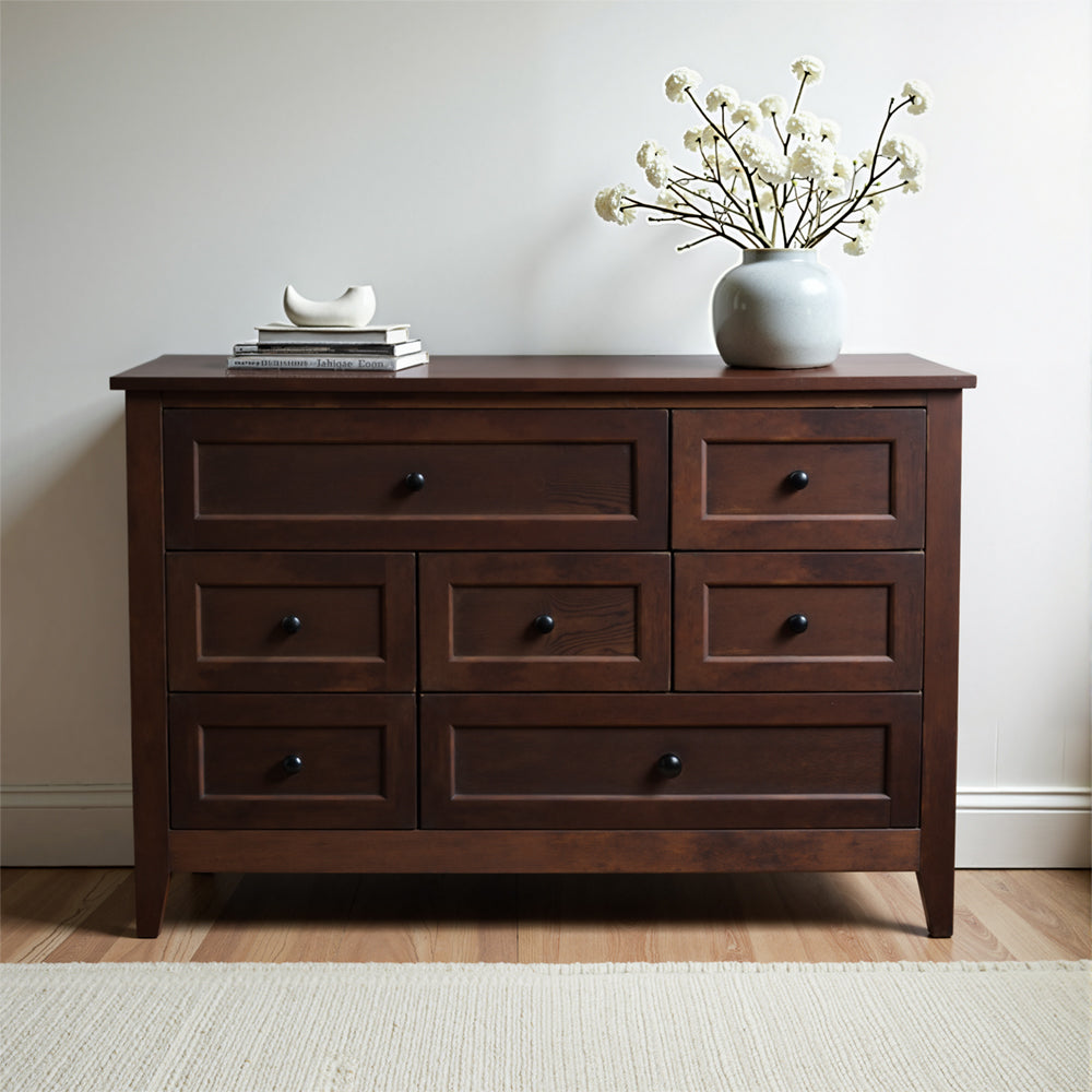Eeeza Solid Wood 7-Drawer Chest in Walnut Brown – Full-Frame Birch Construction, Classic Style, Large Storage