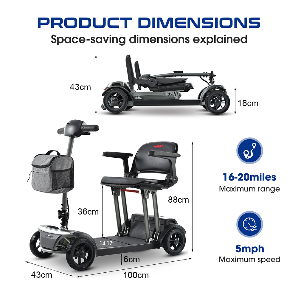 METRO MOBILITY Foldable 250W 24V 12/20Ah Electric Mobility Scooter