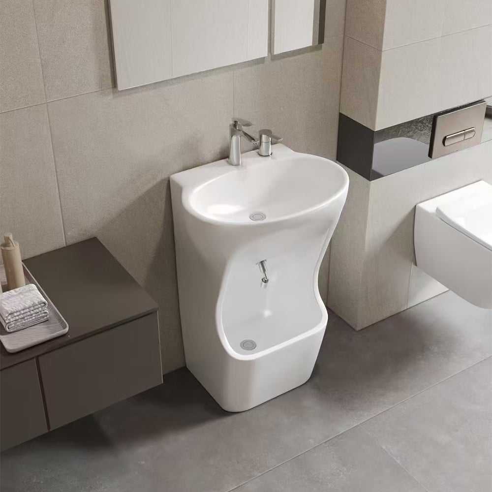 Eeeza Ceramic Pedestal Sink with Integrated Wudu Basin – 2-in-1 Washbasin & Foot-Control Flush, Optional Gold Finish