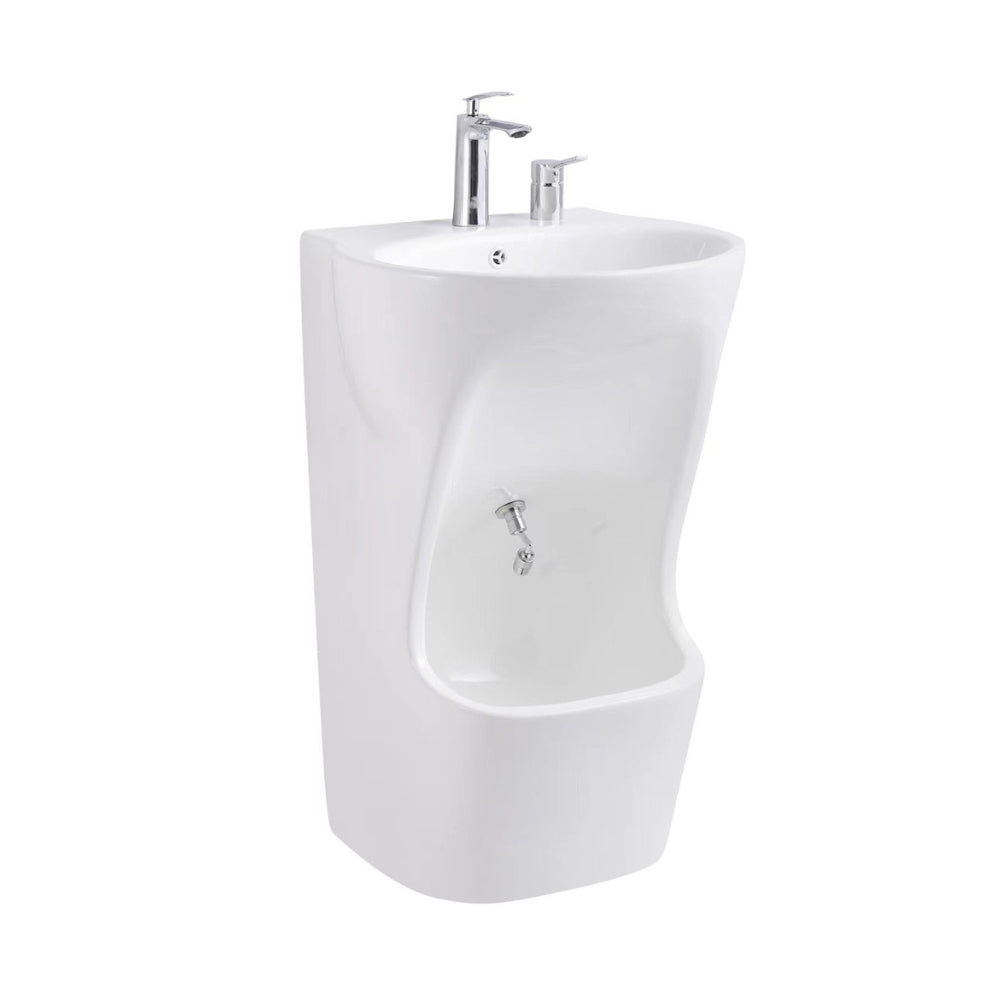 Eeeza Ceramic Pedestal Sink with Integrated Wudu Basin – 2-in-1 Washbasin & Foot-Control Flush, Optional Gold Finish