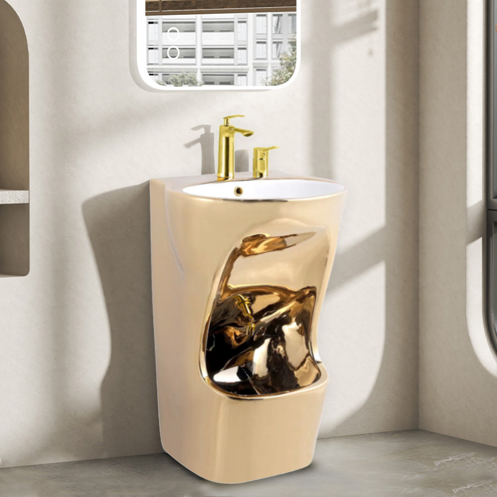 Eeeza Ceramic Pedestal Sink with Integrated Wudu Basin – 2-in-1 Washbasin & Foot-Control Flush, Optional Gold Finish