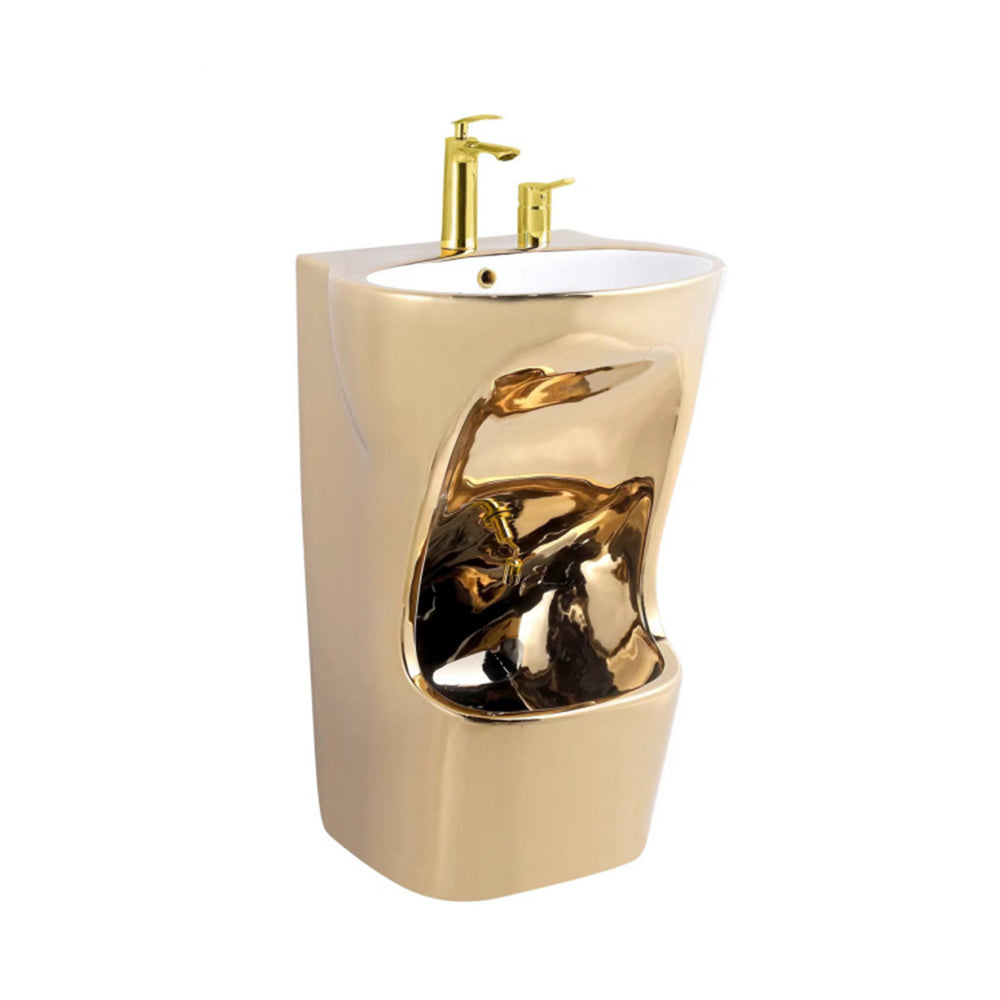 Eeeza Ceramic Pedestal Sink with Integrated Wudu Basin – 2-in-1 Washbasin & Foot-Control Flush, Optional Gold Finish