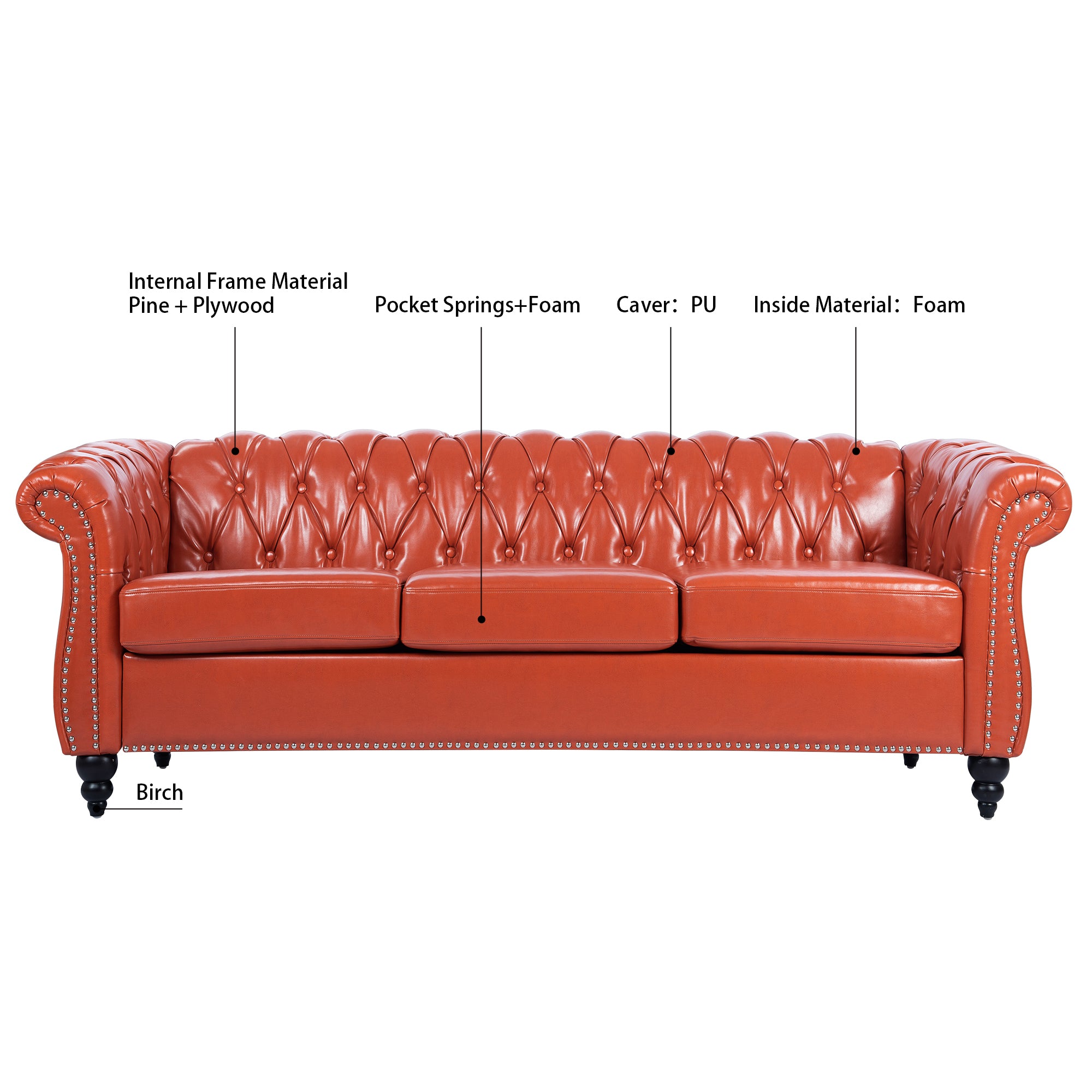 Retro Chesterfield Style Sofa, 3-Seater, PU Leather