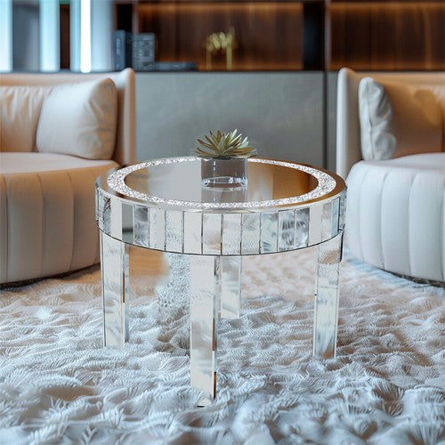 Silver Glass Coffee Table Highly Reflective Mirrored Accent Table Diamond Inlay