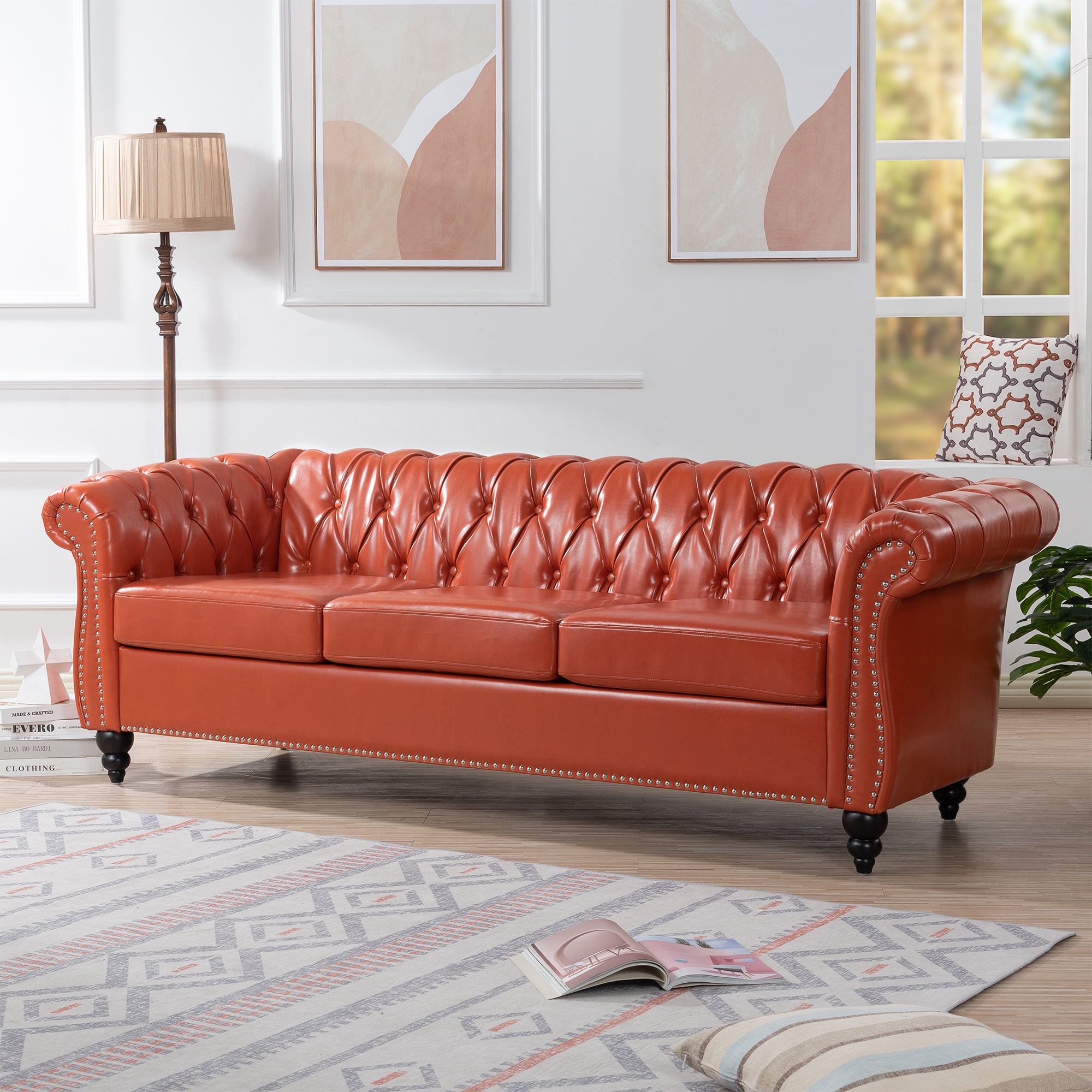 Retro Chesterfield Style Sofa, 3-Seater, PU Leather