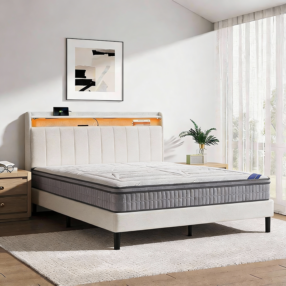 Familand LED Queen Bed Frame Storage Headboard Upholstered Charging Station Cream