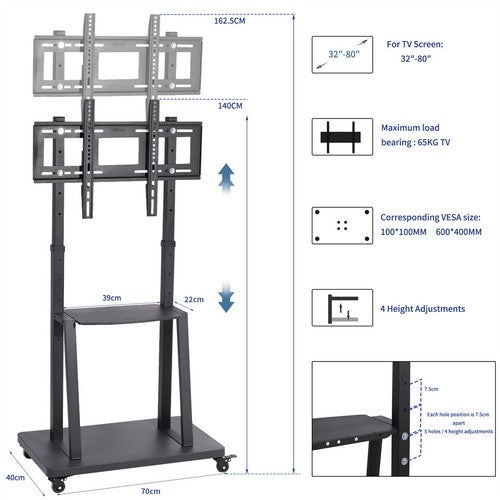 Mobile TV Cart for 32-100" Height Adjustable Rolling Floor TV Stand w/ Dual Tray