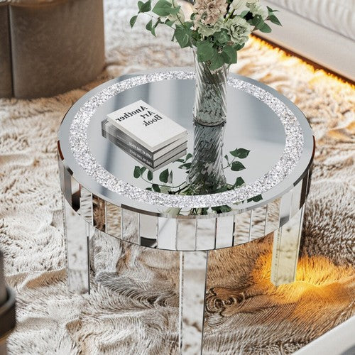 Silver Glass Coffee Table Highly Reflective Mirrored Accent Table Diamond Inlay