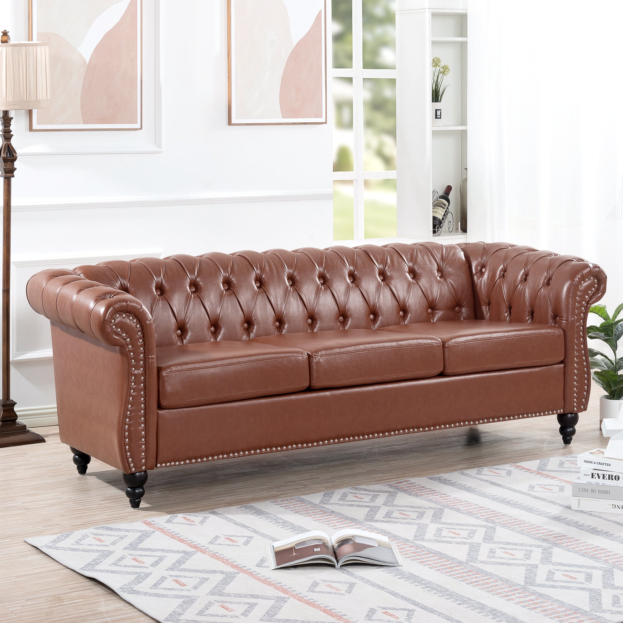 Retro Chesterfield Style Sofa, 3-Seater, PU Leather