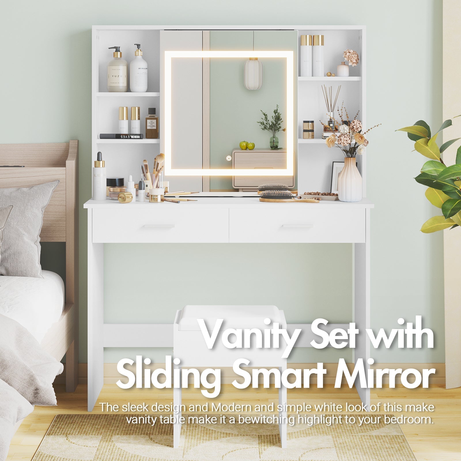 Advwin Dressing Table Stool Set LED Slide Mirror