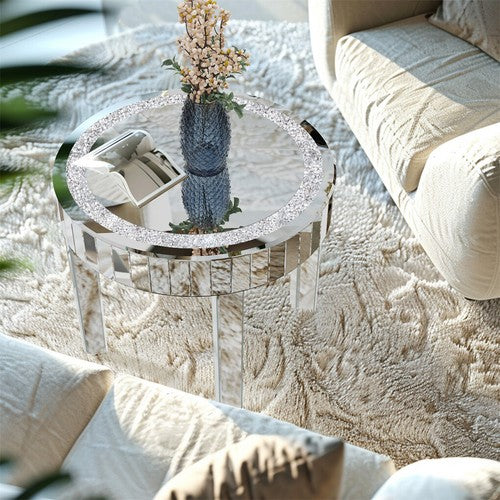 Silver Glass Coffee Table Highly Reflective Mirrored Accent Table Diamond Inlay
