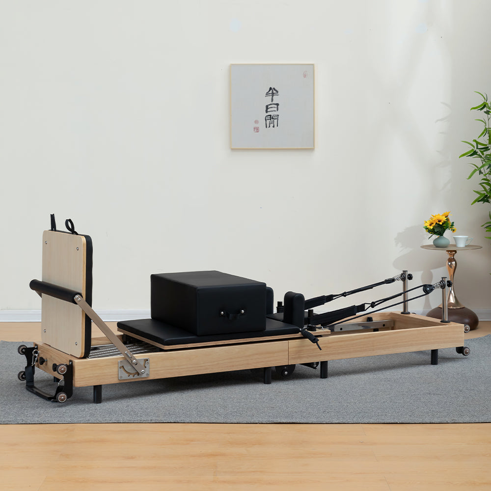 Eeeza Foldable Pilates Reformer for Home Studio, Oak Wood, 6 Springs