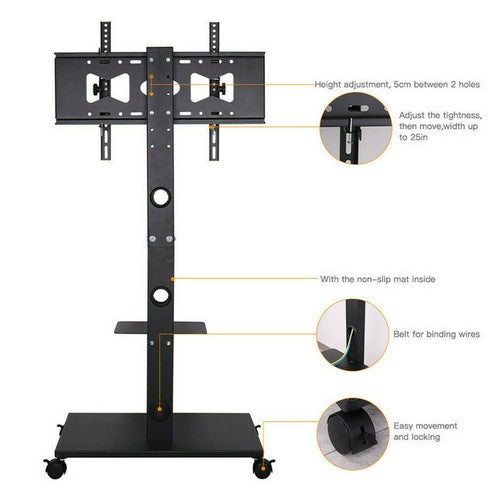 Rolling Trolley TV Floor Stand Portable Television w /Swivel VESA Bracket 32-70"
