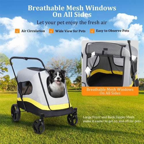 Large Folding Dog Stroller Pet Travel Carriage Stroller with Rain Cover