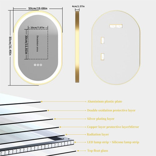 Gold Frame Oval LED Bathroom Mirror Anti-Fog Smart Vanity Mirror
