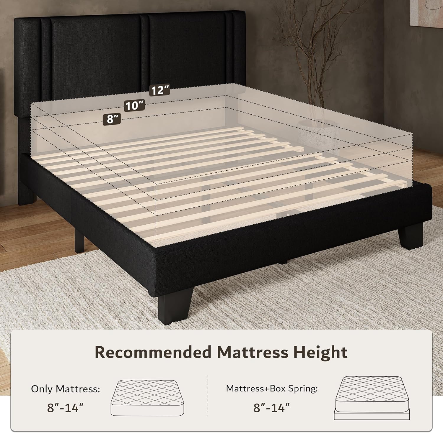 Soft Bed Frame with Headboard, Queen Size, Metal and Linen, Black