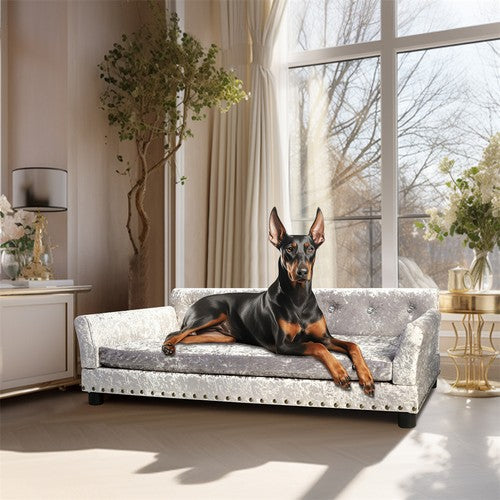 Deluxe Tufted Velvet Dog Sofa Bed Rivet Memory Foam Mattress Pet Dog Sofa Couch