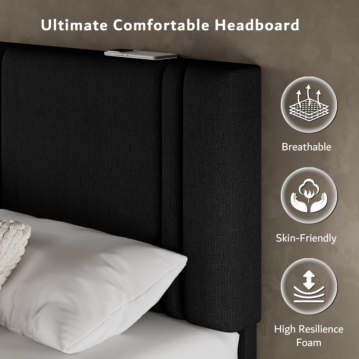 Soft Bed Frame with Headboard, Queen Size, Metal and Linen, Black