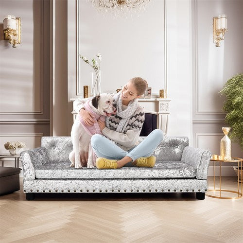 Deluxe Tufted Velvet Dog Sofa Bed Rivet Memory Foam Mattress Pet Dog Sofa Couch