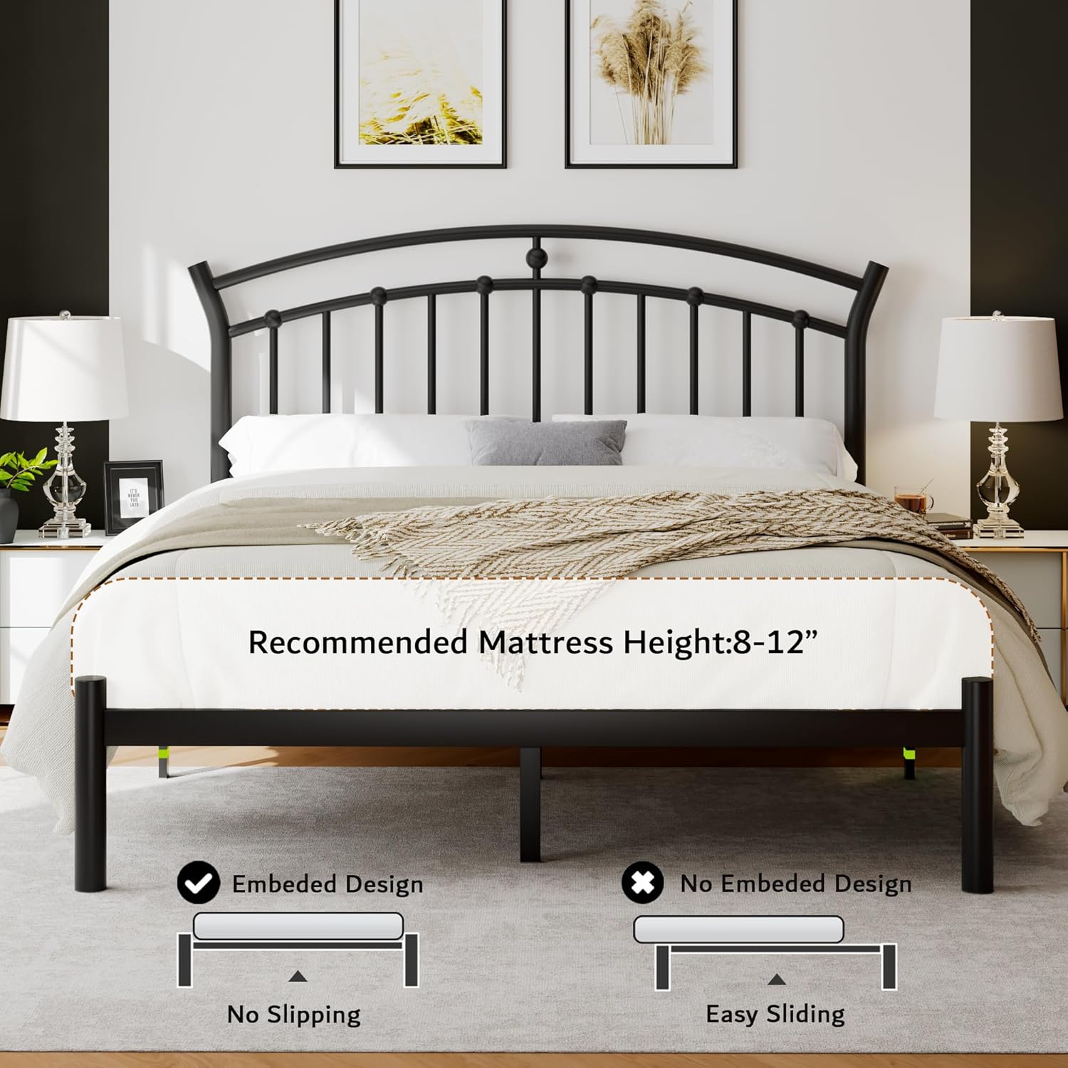 Eeeza Metal Bed Frame with Headboard, Queen Size, Black