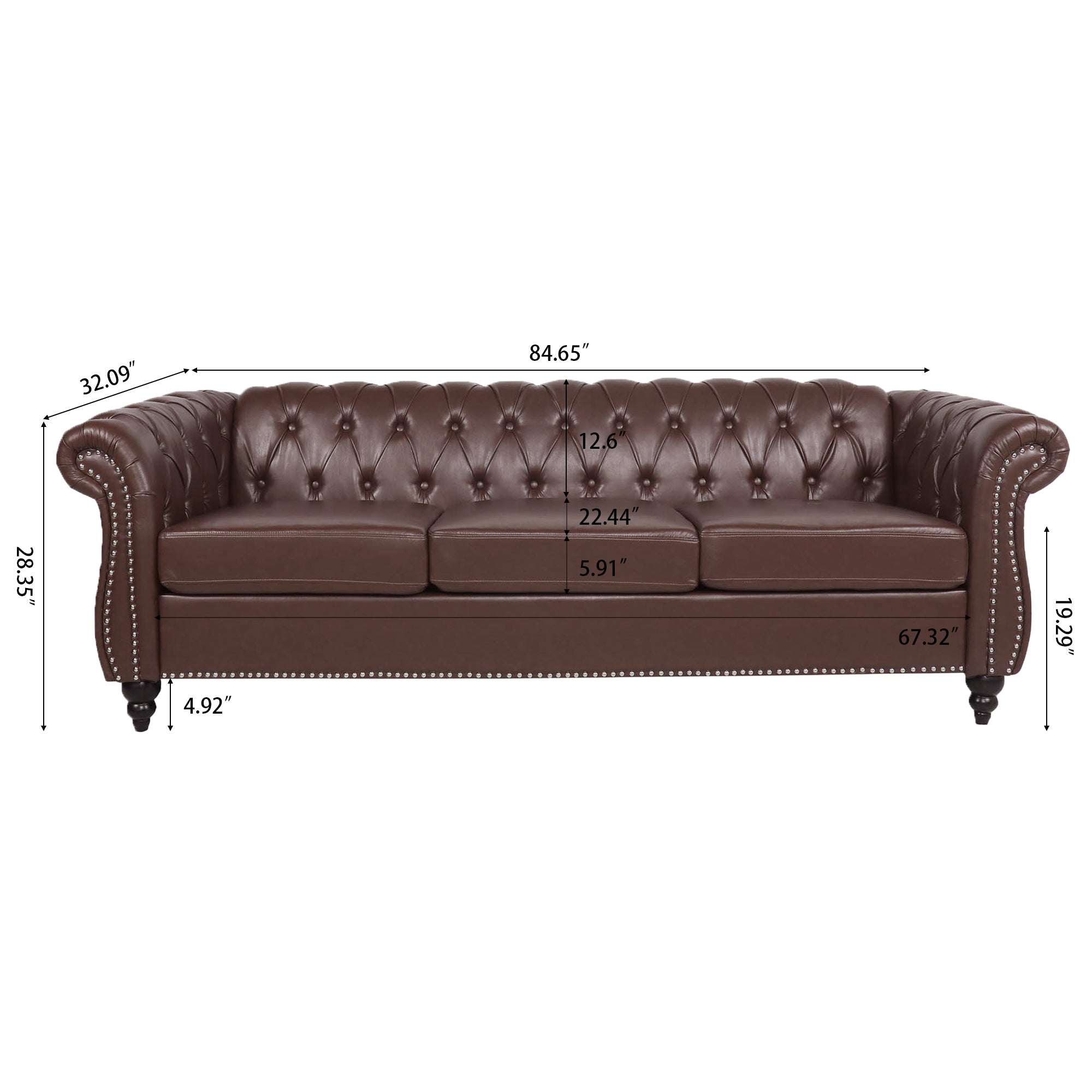 Retro Chesterfield Style Sofa, 3-Seater, PU Leather
