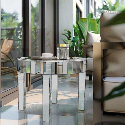 Silver Glass Coffee Table Highly Reflective Mirrored Accent Table Diamond Inlay