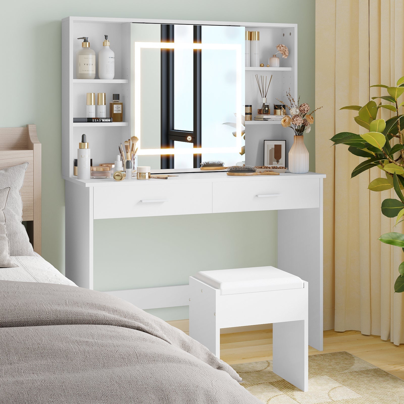 Advwin Dressing Table Stool Set LED Slide Mirror