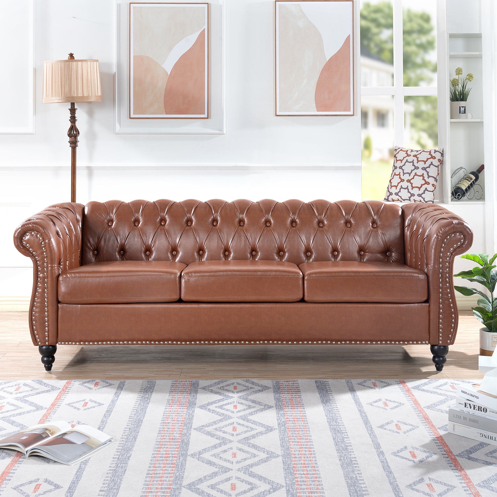 Retro Chesterfield Style Sofa, 3-Seater, PU Leather