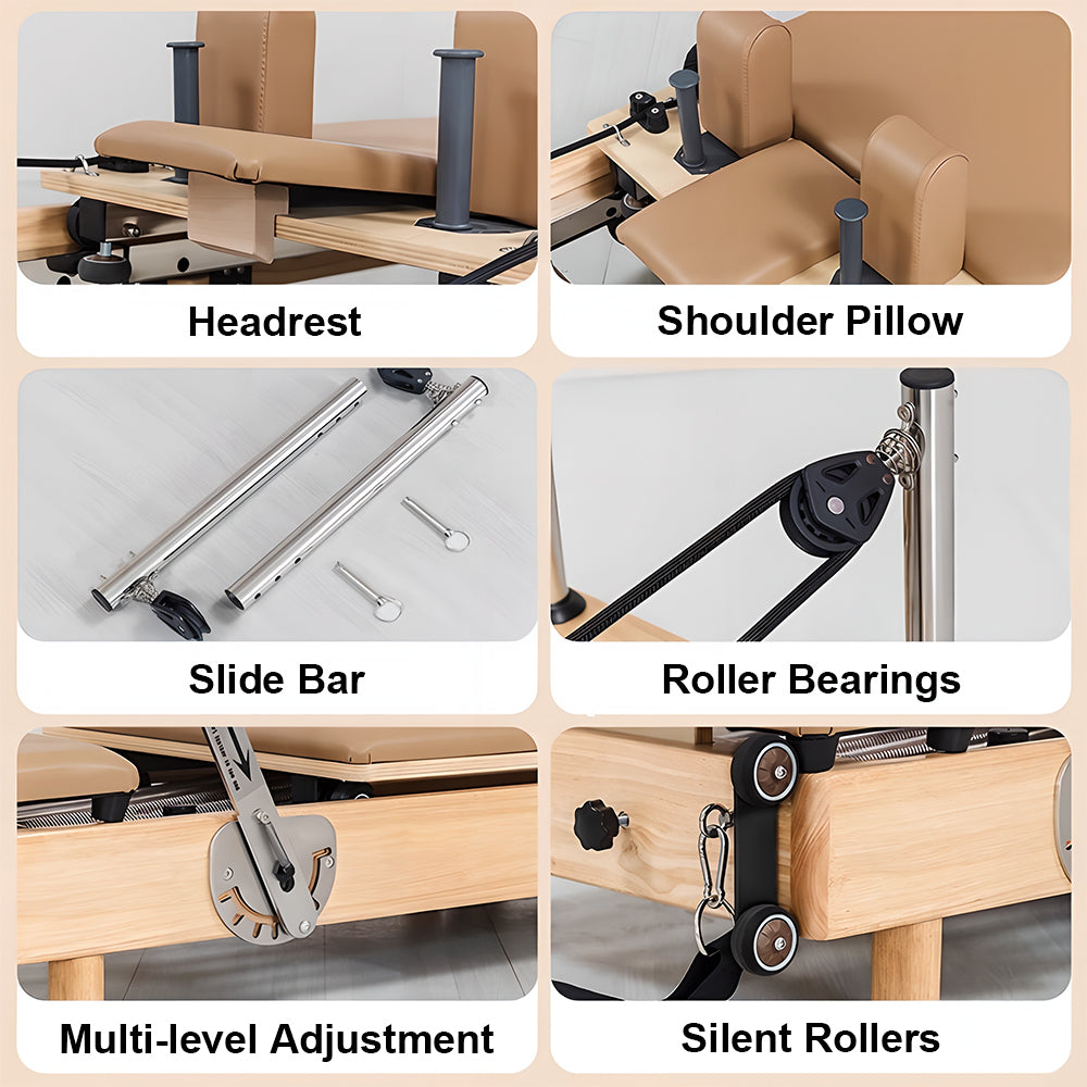 Eeeza Foldable Pilates Reformer for Home Studio, Oak Wood, 6 Springs