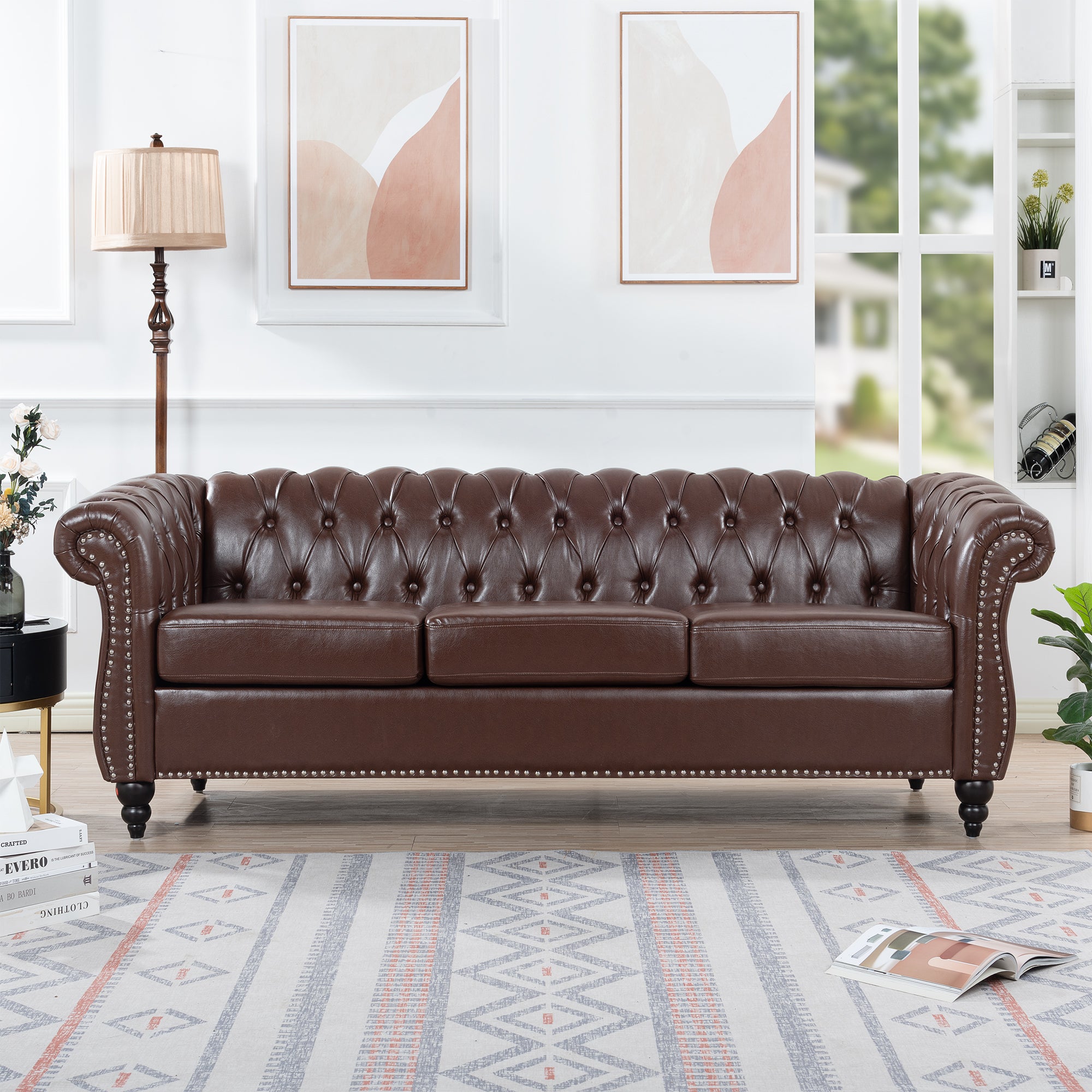 Retro Chesterfield Style Sofa, 3-Seater, PU Leather