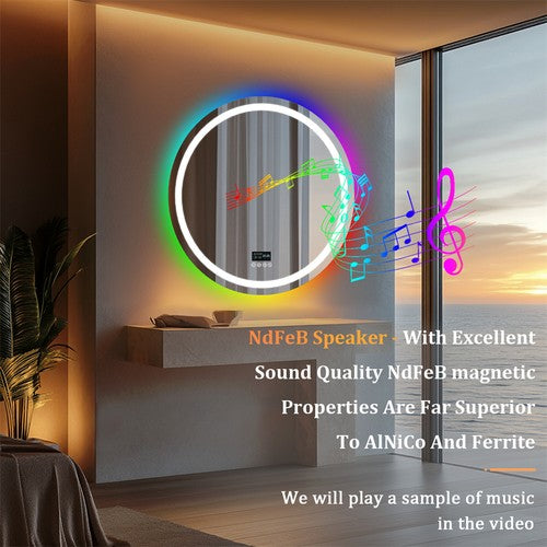 Smart Round RGB Bathroom Mirror Bluetooth Speaker Shower Mirror Anti-Fog Memory
