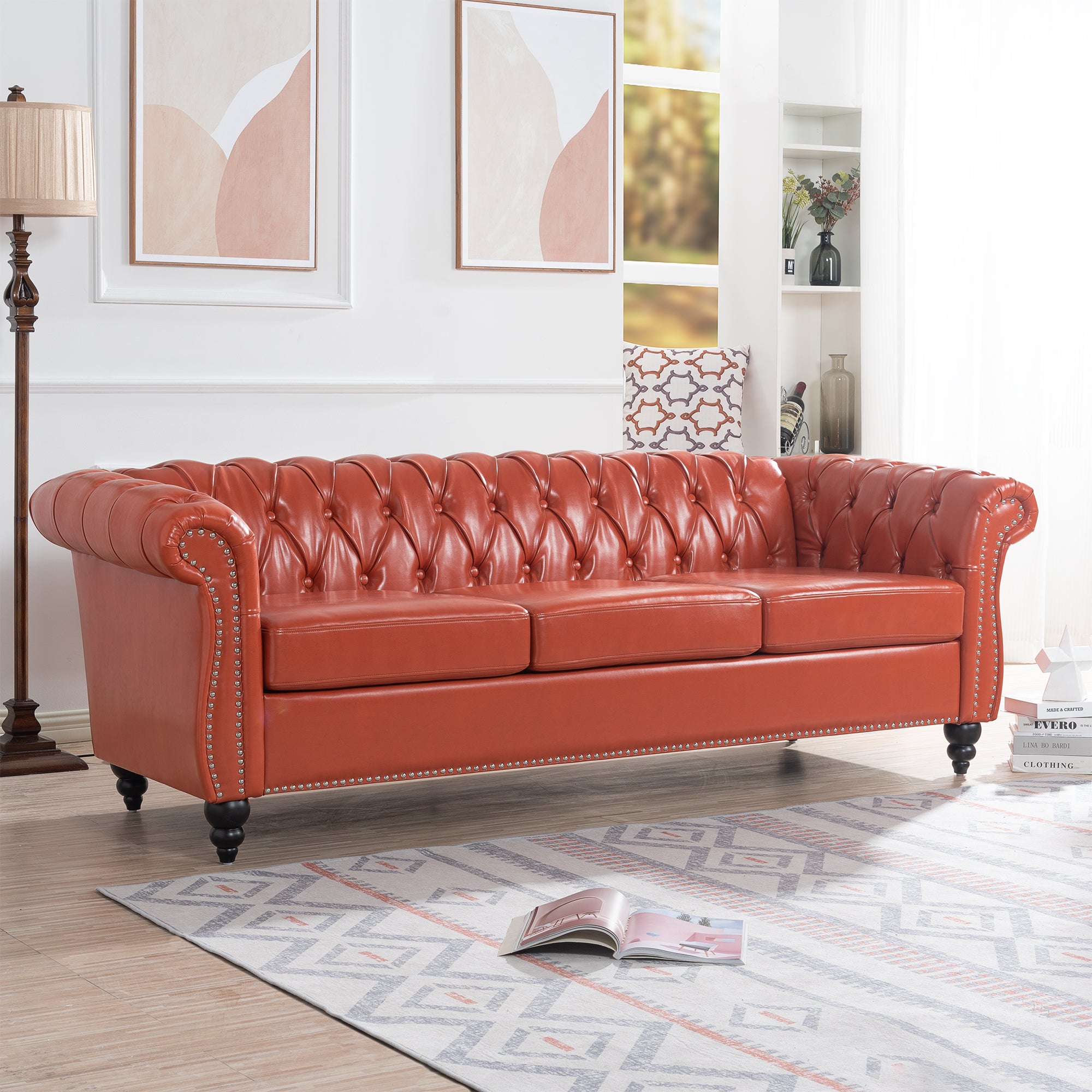 Retro Chesterfield Style Sofa, 3-Seater, PU Leather