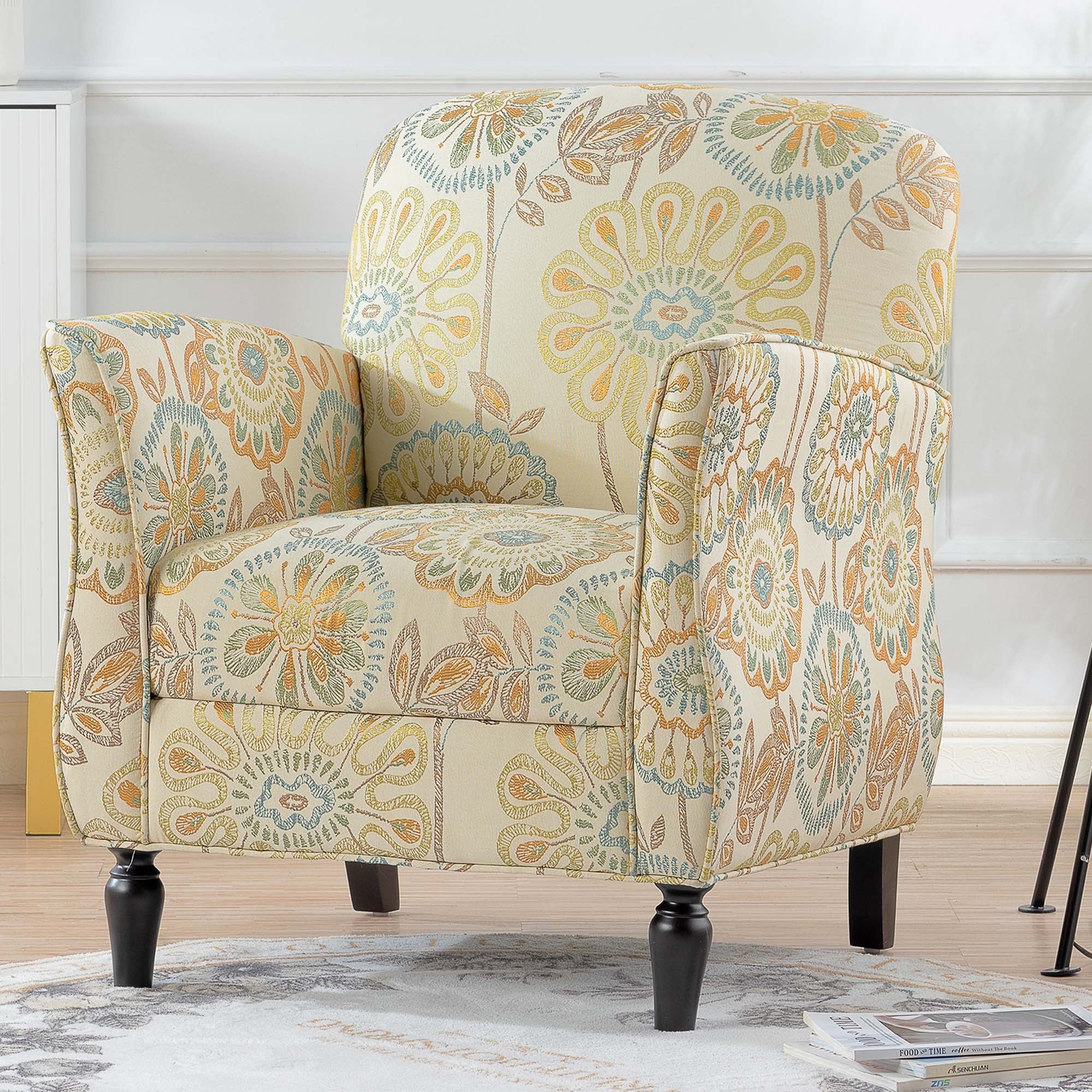 Vintage Floral Accent Armchair for Living Room, Fabric, Birch