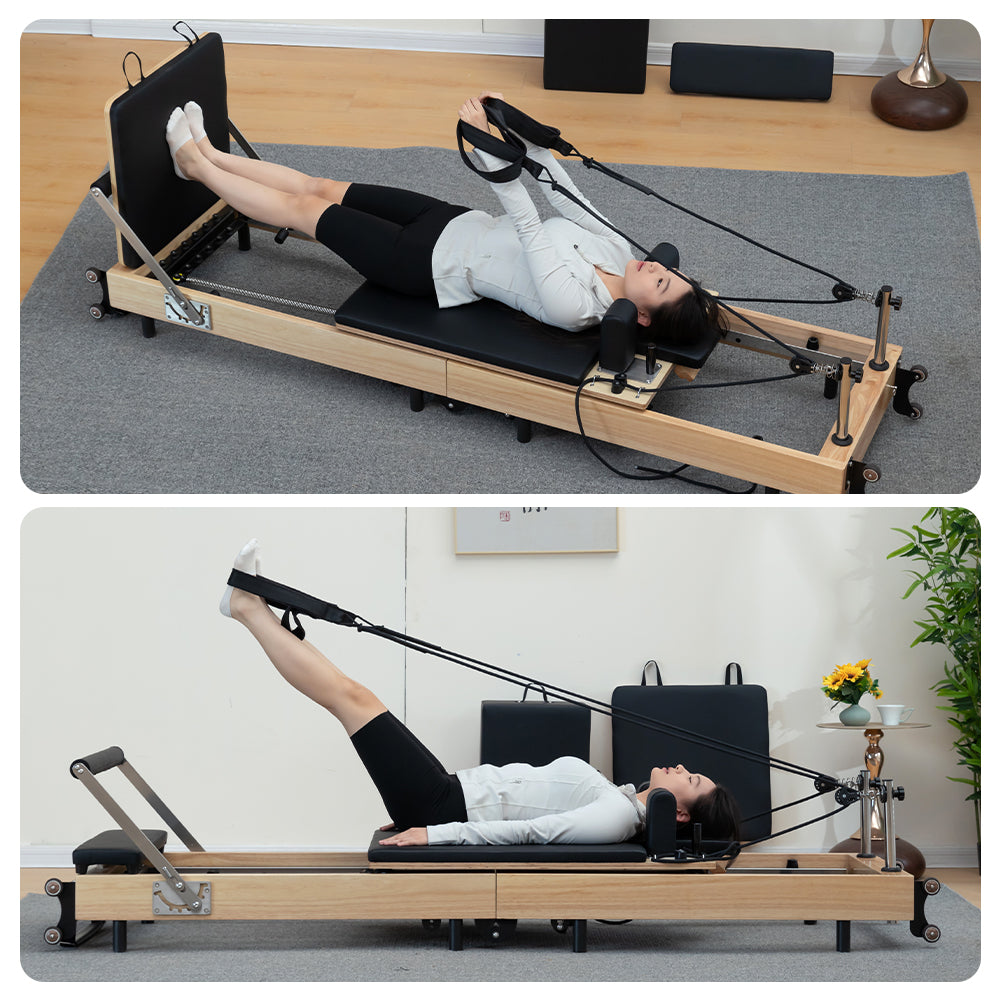 Eeeza Foldable Pilates Reformer for Home Studio, Oak Wood, 6 Springs