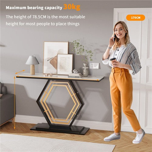 Solid Marble Console Table Entryway Table Hexagon Metal Frame Sofa Behind Table