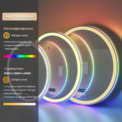 Smart Round RGB Bathroom Mirror Bluetooth Speaker Shower Mirror Anti-Fog Memory