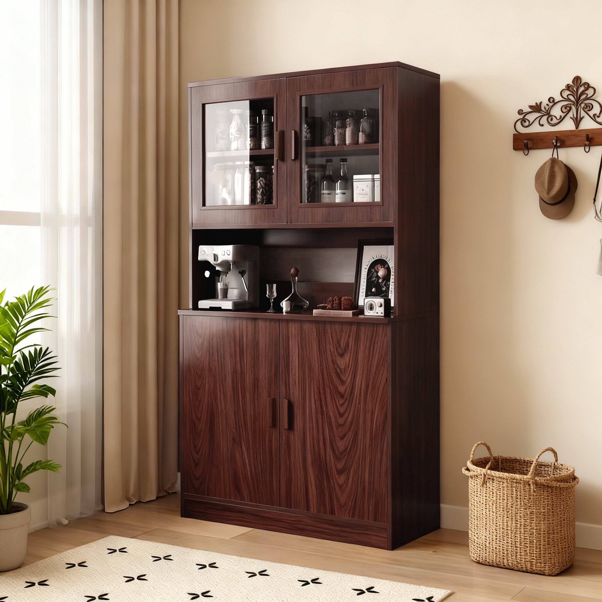 Eeeza MDF Kitchen Buffet Hutch Cabinet – 80×32×182cm, Tall Narrow Storage with Acrylic Doors