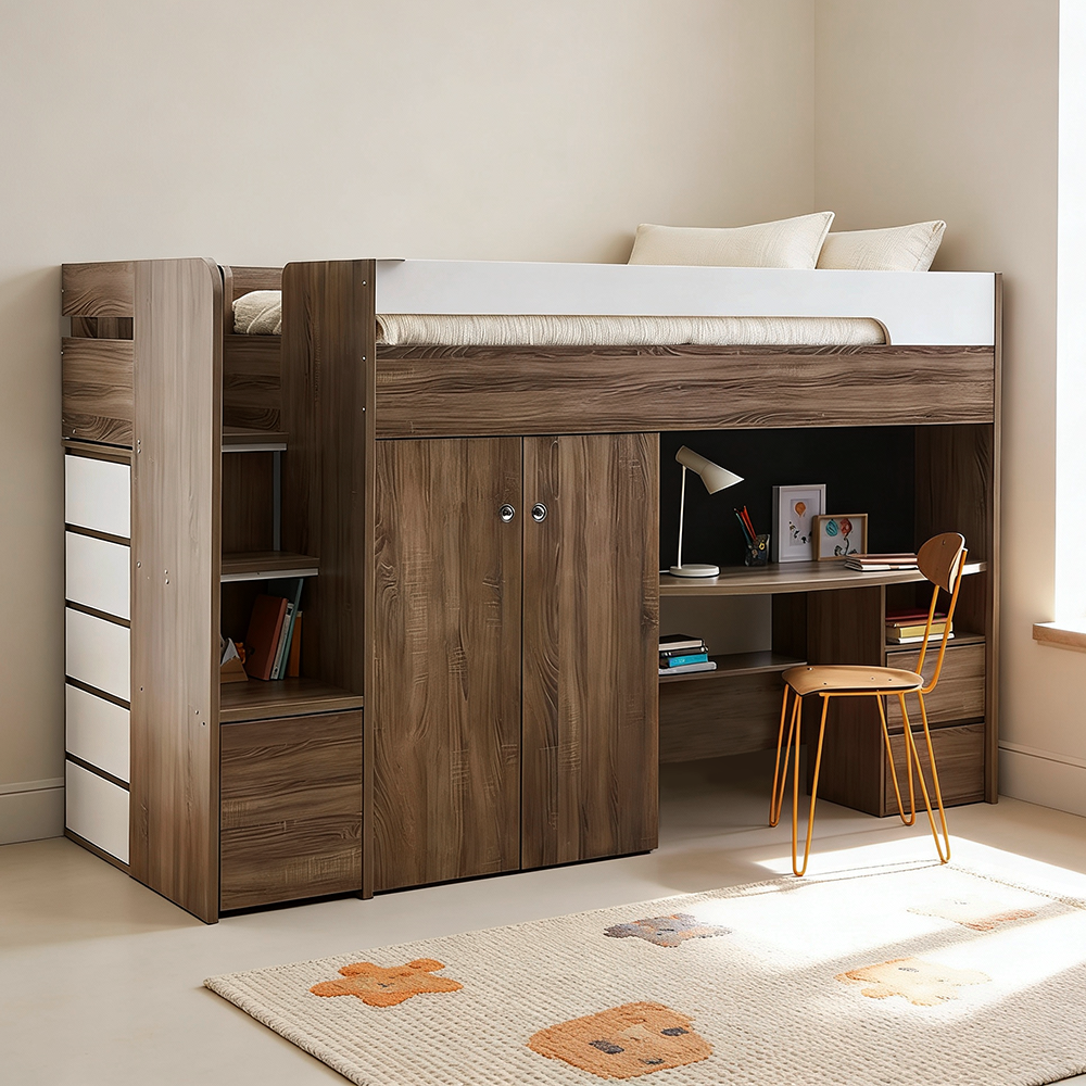 Eeeza Brown Loft Bed With Integrated Storage And Desk
