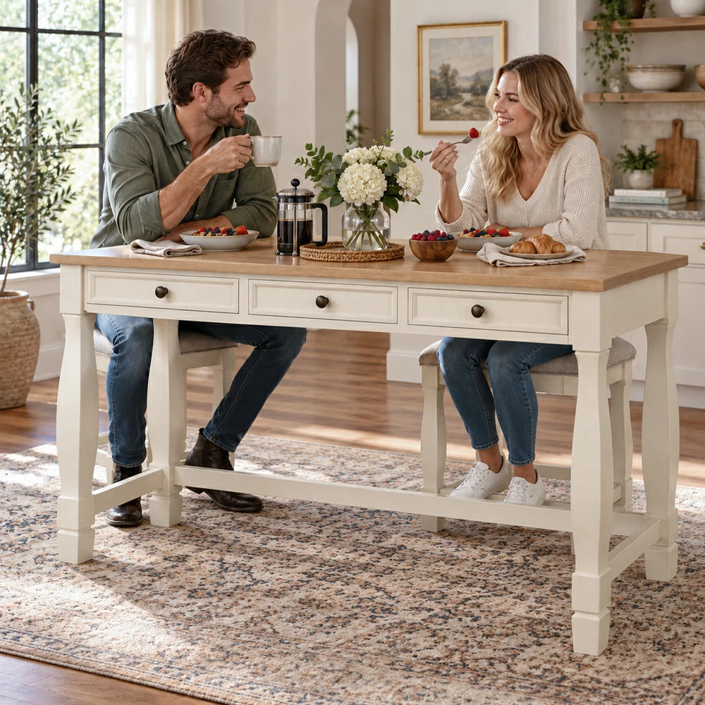 Brio Multi-Purpose Desk and Stools Set, Rubber Wood, White