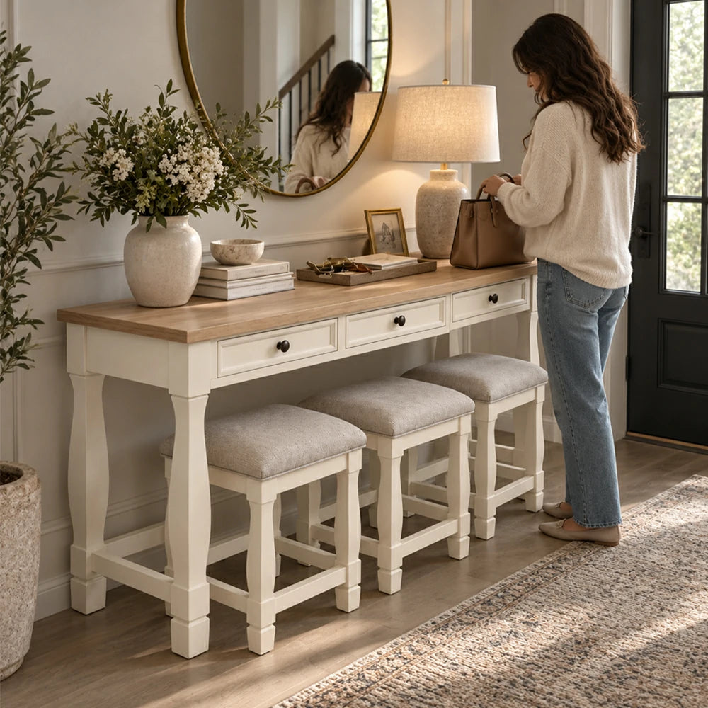 Brio Multi-Purpose Desk and Stools Set, Rubber Wood, White